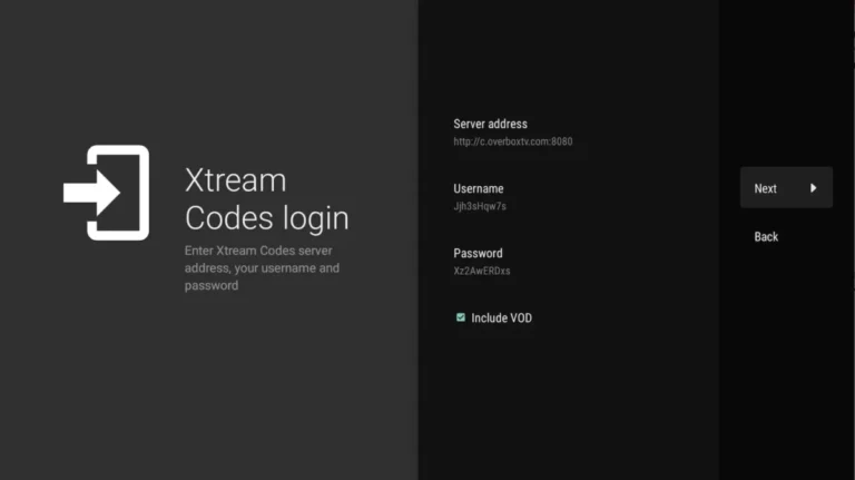 TiviMate Xtream Codes login screen with server address, username and password fields