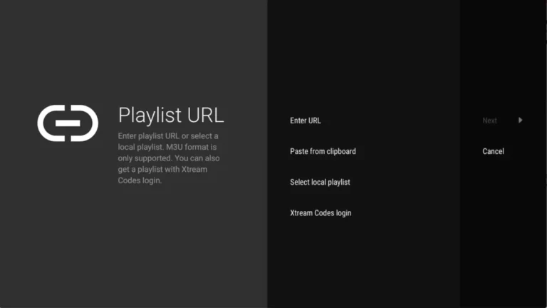 TiviMate playlist URL screen for adding an M3U playlist link