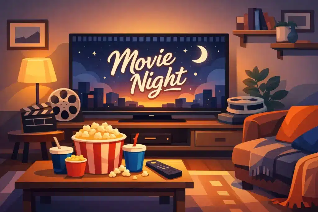 Illustration of a cozy living room with a glowing widescreen TV showing a streaming interface, a comfortable sofa, a bowl of popcorn and a remote on a coffee table. iptv subscription usa