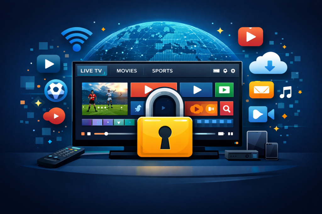 Illustration of a smart TV streaming interface with icons and a padlock symbolizing data protection and user privacy for SmartvPro IPTV services.