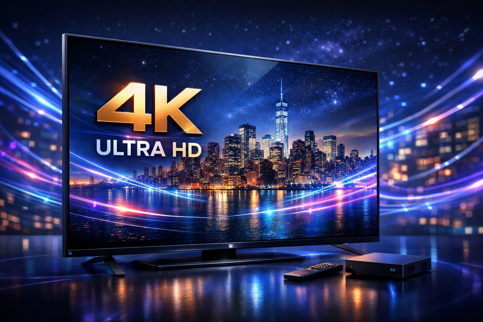 A futuristic 4K Ultra HD television displaying a sharp cityscape at night with glowing data streams, representing crystal‑clear streaming quality and advanced home entertainment.