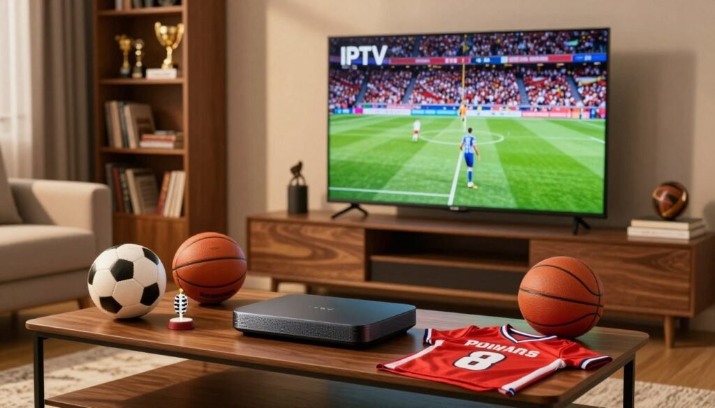 A captivating display of premium IPTV packages tailored for sports enthusiasts. In the foreground, an elegant wood coffee table adorned with a sleek, modern IPTV streaming device and a vibrant assortment of sports memorabilia, such as footballs, basketballs, and jerseys. In the middle ground, a sophisticated living room setup features a large, high-definition flat-screen TV showcasing a thrilling sports game. The background reveals a cozy atmosphere with warm lighting, soft shadows, and a stylish bookshelf filled with sports books and trophies. The scene is shot from a slightly elevated angle to capture both the detailed foreground and the lively action on the TV screen, creating an inviting ambiance that appeals to sports fans. A captivating display of premium IPTV packages tailored for sports enthusiasts. In the foreground, an elegant wood coffee table adorned with a sleek, modern IPTV streaming device and a vibrant assortment of sports memorabilia, such as footballs, basketballs, and jerseys. In the middle ground, a sophisticated living room setup features a large, high-definition flat-screen TV showcasing a thrilling sports game. The background reveals a cozy atmosphere with warm lighting, soft shadows, and a stylish bookshelf filled with sports books and trophies. The scene is shot from a slightly elevated angle to capture both the detailed foreground and the lively action on the TV screen, creating an inviting ambiance that appeals to sports fans.