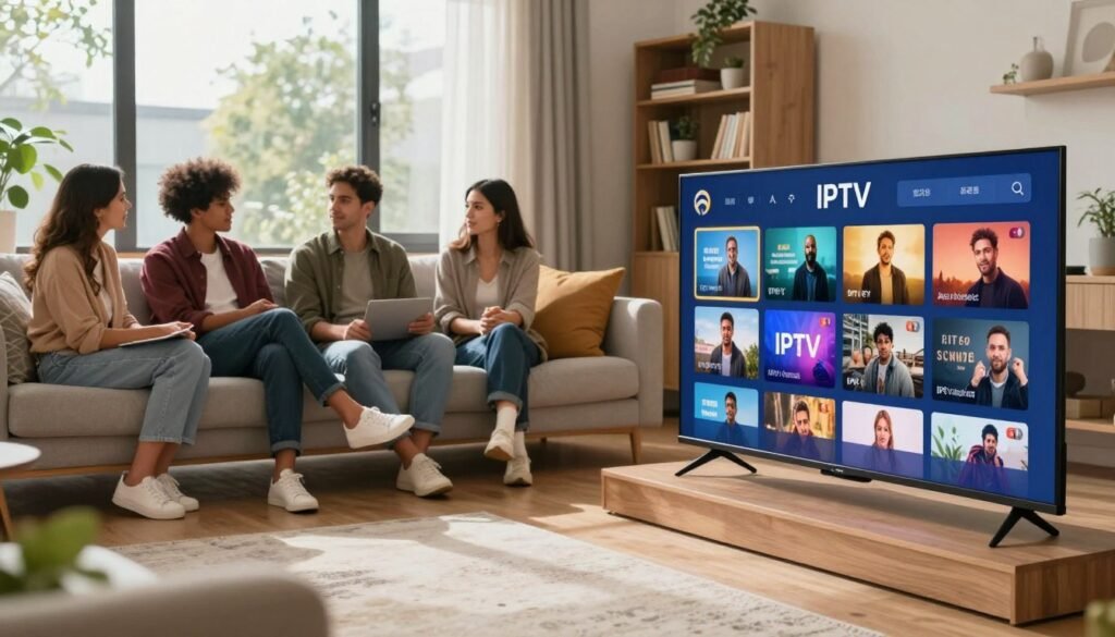 A modern living room scene capturing the essence of reliable IPTV streaming services in the USA. In the foreground, a sleek flat-screen TV displays a vibrant interface of various IPTV services, showcasing a selection of channels in a visually appealing grid. The middle ground features a cozy couch adorned with decorative pillows, where a diverse group of people, dressed in business casual attire, engage in a friendly discussion about their favorite shows. Natural light filters in through large windows, creating a warm, inviting atmosphere. The background includes a stylish bookshelf and plants, emphasizing a contemporary home environment. The overall mood is one of connectivity, innovation, and enjoyment, reflecting the qualities of the best IPTV providers in 2026. A modern living room scene capturing the essence of reliable IPTV streaming services in the USA. In the foreground, a sleek flat-screen TV displays a vibrant interface of various IPTV services, showcasing a selection of channels in a visually appealing grid. The middle ground features a cozy couch adorned with decorative pillows, where a diverse group of people, dressed in business casual attire, engage in a friendly discussion about their favorite shows. Natural light filters in through large windows, creating a warm, inviting atmosphere. The background includes a stylish bookshelf and plants, emphasizing a contemporary home environment. The overall mood is one of connectivity, innovation, and enjoyment, reflecting the qualities of the best IPTV providers in 2026.
