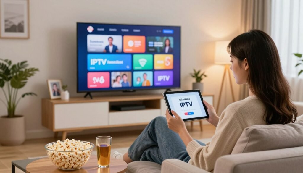 A visually engaging scene showcasing a cozy living room with a modern flat-screen TV displaying vibrant streaming icons. In the foreground, a young woman in smart casual attire sits comfortably on a stylish couch, browsing affordable IPTV subscription options on a sleek tablet. The table in front has popcorn and drinks, enhancing the relaxed atmosphere. The middle layer features the TV mounted on a wall, surrounded by decorative elements like plants and family photos. In the background, soft lighting creates a warm ambiance, with a hint of daylight filtering through sheer curtains. The overall mood is inviting and friendly, emphasizing convenience and affordability in home entertainment options. A visually engaging scene showcasing a cozy living room with a modern flat-screen TV displaying vibrant streaming icons. In the foreground, a young woman in smart casual attire sits comfortably on a stylish couch, browsing affordable IPTV subscription options on a sleek tablet. The table in front has popcorn and drinks, enhancing the relaxed atmosphere. The middle layer features the TV mounted on a wall, surrounded by decorative elements like plants and family photos. In the background, soft lighting creates a warm ambiance, with a hint of daylight filtering through sheer curtains. The overall mood is inviting and friendly, emphasizing convenience and affordability in home entertainment options.