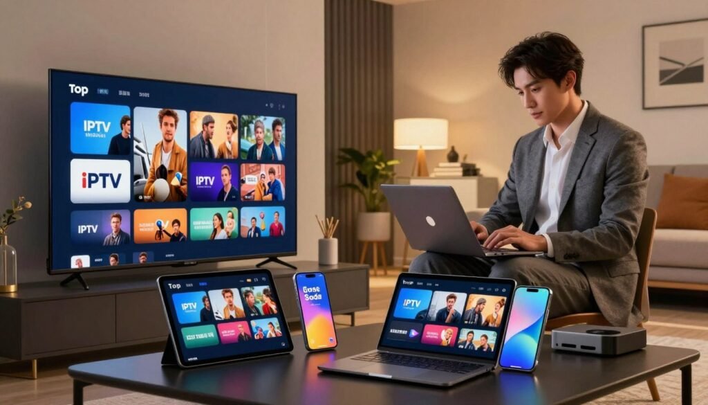 A visually striking composition showcasing the concept of top IPTV service providers for US viewers in 2026. In the foreground, an array of modern streaming devices like smart TVs, tablets, and smartphones displaying vibrant, diverse content, symbolizing the range of channels and services offered. The middle ground features a professional-looking individual in business attire, attentively reviewing IPTV options on a laptop, illuminated by soft, warm lighting, creating an inviting atmosphere. The background features a sleek, contemporary living room setup with stylish decor, emphasizing a modern lifestyle connected to reliable streaming. The angle of the shot is slightly elevated, giving a comprehensive view of the scene. The overall mood conveys innovation, connectivity, and convenience in entertainment. A visually striking composition showcasing the concept of top IPTV service providers for US viewers in 2026. In the foreground, an array of modern streaming devices like smart TVs, tablets, and smartphones displaying vibrant, diverse content, symbolizing the range of channels and services offered. The middle ground features a professional-looking individual in business attire, attentively reviewing IPTV options on a laptop, illuminated by soft, warm lighting, creating an inviting atmosphere. The background features a sleek, contemporary living room setup with stylish decor, emphasizing a modern lifestyle connected to reliable streaming. The angle of the shot is slightly elevated, giving a comprehensive view of the scene. The overall mood conveys innovation, connectivity, and convenience in entertainment.