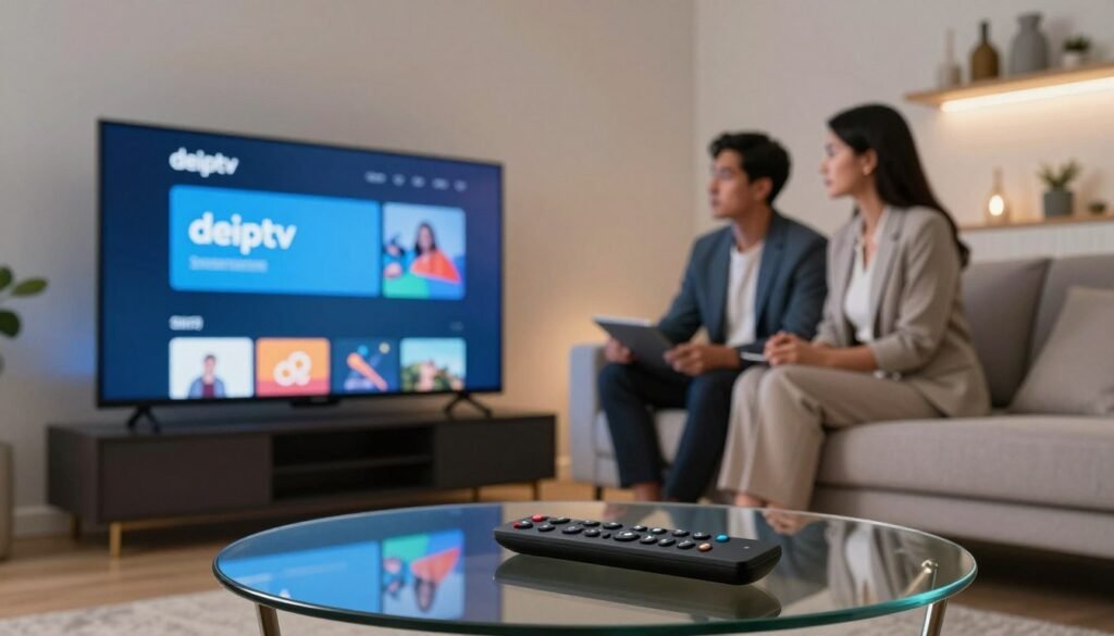 A modern living room setting featuring a high-definition Smart TV displaying the deiptv app installation screen. In the foreground, a sleek remote control lies on a stylish glass coffee table, hinting at user interaction. The middle ground showcases a couple in professional business attire, sitting comfortably on a contemporary sofa, engaged in the installation process with focused expressions. In the background, soft ambient lighting highlights tasteful decorations and a shelf with decorative items, creating a cozy atmosphere. The overall mood is inviting and tech-friendly, emphasizing a seamless and enjoyable viewing experience. The image is captured with a soft focus lens, enhancing the relaxing vibe of the space while ensuring clarity on the Smart TV screen. A modern living room setting featuring a high-definition Smart TV displaying the deiptv app installation screen. In the foreground, a sleek remote control lies on a stylish glass coffee table, hinting at user interaction. The middle ground showcases a couple in professional business attire, sitting comfortably on a contemporary sofa, engaged in the installation process with focused expressions. In the background, soft ambient lighting highlights tasteful decorations and a shelf with decorative items, creating a cozy atmosphere. The overall mood is inviting and tech-friendly, emphasizing a seamless and enjoyable viewing experience. The image is captured with a soft focus lens, enhancing the relaxing vibe of the space while ensuring clarity on the Smart TV screen.