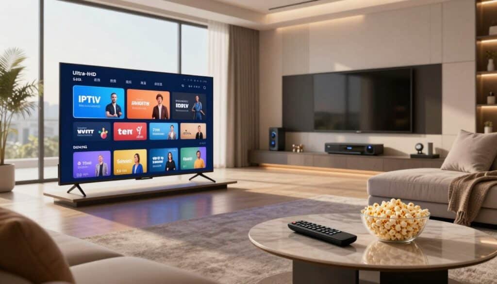A modern living room showcasing internet protocol television (IPTV) in the year 2026. In the foreground, a sleek, ultra-HD smart TV displays a vibrant interface filled with streaming options. To the right, an elegant coffee table supports a stylish remote control and a bowl of popcorn. In the middle, a comfortable sofa with plush cushions invites viewers to enjoy a cozy viewing experience. Floor-to-ceiling windows allow sunlight to filter in, enhancing the warmth of the room. In the background, a futuristic entertainment system is subtly integrated into the wall, highlighting advanced technology. The overall atmosphere is relaxed and inviting, illuminated by soft, ambient lighting that creates a welcoming mood, reflecting the evolution of digital entertainment. A modern living room showcasing internet protocol television (IPTV) in the year 2026. In the foreground, a sleek, ultra-HD smart TV displays a vibrant interface filled with streaming options. To the right, an elegant coffee table supports a stylish remote control and a bowl of popcorn. In the middle, a comfortable sofa with plush cushions invites viewers to enjoy a cozy viewing experience. Floor-to-ceiling windows allow sunlight to filter in, enhancing the warmth of the room. In the background, a futuristic entertainment system is subtly integrated into the wall, highlighting advanced technology. The overall atmosphere is relaxed and inviting, illuminated by soft, ambient lighting that creates a welcoming mood, reflecting the evolution of digital entertainment.