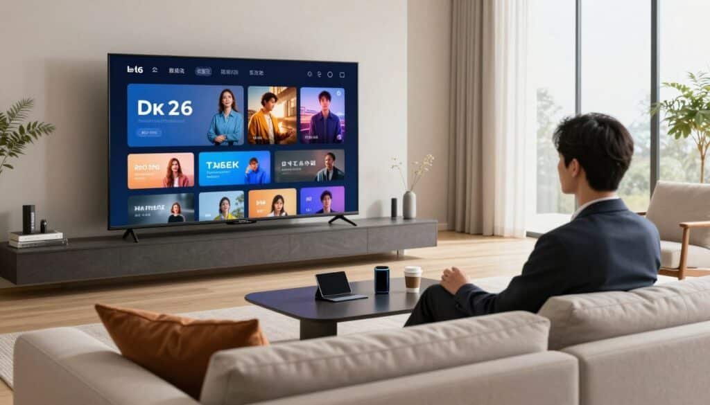 A sleek, modern living room featuring a large, high-definition smart TV displaying a vibrant deiptv interface. In the foreground, a comfortable sofa with stylish cushions invites relaxation. A person, dressed in professional business attire, is sitting on the couch, engaged and captivated by the seamless content on the screen. In the middle ground, a coffee table holds a few tech gadgets and a coffee cup, adding a touch of warmth. The background features large windows allowing natural light to flood the space, creating an inviting atmosphere. The image should have a bright, contemporary feel with soft ambient lighting, conveying excitement for the future of entertainment in 2026. Capture the essence of innovation and comfort in a cozy viewing environment. A sleek, modern living room featuring a large, high-definition smart TV displaying a vibrant deiptv interface. In the foreground, a comfortable sofa with stylish cushions invites relaxation. A person, dressed in professional business attire, is sitting on the couch, engaged and captivated by the seamless content on the screen. In the middle ground, a coffee table holds a few tech gadgets and a coffee cup, adding a touch of warmth. The background features large windows allowing natural light to flood the space, creating an inviting atmosphere. The image should have a bright, contemporary feel with soft ambient lighting, conveying excitement for the future of entertainment in 2026. Capture the essence of innovation and comfort in a cozy viewing environment.