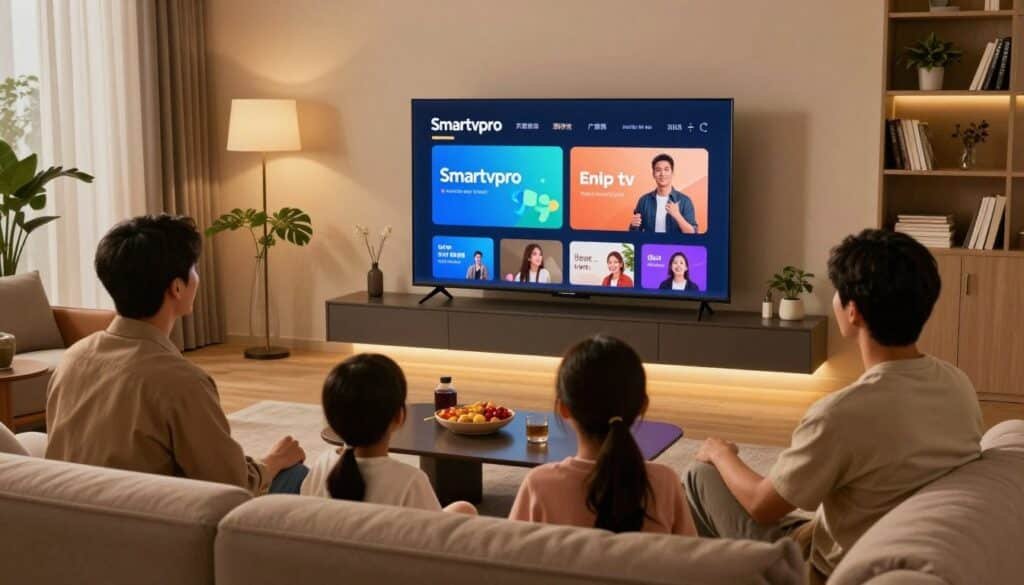 A sleek, modern living room scene showcasing a large smart TV displaying the Smartvpro interface, emphasizing the deiptv service. In the foreground, a family of four, dressed in casual yet smart clothing, is gathered on a comfortable sofa, eagerly watching content together. The room is illuminated by warm, ambient lighting, creating an inviting atmosphere. In the middle ground, stylish decor and a coffee table with snacks enhance the cozy vibe. The background features elegant curtains and a bookshelf filled with books and plants, suggesting relaxation and leisure. The perspective captures the excitement of streaming in 2026, with a focus on the seamless viewing experience provided by Smartvpro. A sleek, modern living room scene showcasing a large smart TV displaying the Smartvpro interface, emphasizing the deiptv service. In the foreground, a family of four, dressed in casual yet smart clothing, is gathered on a comfortable sofa, eagerly watching content together. The room is illuminated by warm, ambient lighting, creating an inviting atmosphere. In the middle ground, stylish decor and a coffee table with snacks enhance the cozy vibe. The background features elegant curtains and a bookshelf filled with books and plants, suggesting relaxation and leisure. The perspective captures the excitement of streaming in 2026, with a focus on the seamless viewing experience provided by Smartvpro.