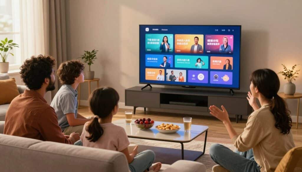 A cozy living room scene showcasing a family gathered around a modern smart TV, watching live TV online. In the foreground, a diverse group of four people dressed in smart casual attire, with excitement on their faces as they interact with a streaming interface. The middle layer features a sleek, high-definition television displaying vibrant colors and dynamic content. Surrounding the scene are contemporary furnishings, like a plush sofa and a stylish coffee table with snacks and drinks. In the background, soft ambient lighting creates a warm and inviting atmosphere, with a hint of sunlight spilling through a window. Capture the essence of an engaging viewing experience, emphasizing connection and enjoyment without any distractions or text. A cozy living room scene showcasing a family gathered around a modern smart TV, watching live TV online. In the foreground, a diverse group of four people dressed in smart casual attire, with excitement on their faces as they interact with a streaming interface. The middle layer features a sleek, high-definition television displaying vibrant colors and dynamic content. Surrounding the scene are contemporary furnishings, like a plush sofa and a stylish coffee table with snacks and drinks. In the background, soft ambient lighting creates a warm and inviting atmosphere, with a hint of sunlight spilling through a window. Capture the essence of an engaging viewing experience, emphasizing connection and enjoyment without any distractions or text.