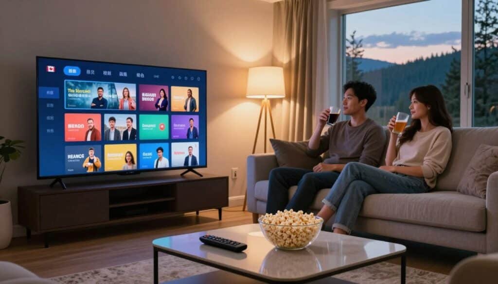 A cozy living room setting in Canada, featuring a modern smart TV displaying a vibrant streaming interface filled with various entertainment options. In the foreground, a stylish coffee table with a remote control and a bowl of popcorn. The middle ground shows a comfortable sofa with two people, a man and a woman dressed in smart casual attire, engrossed in a movie night, sipping on their drinks. Soft, warm lighting creates a welcoming atmosphere, with floor lamps casting gentle glows. Large windows in the background reveal a scenic Canadian landscape at dusk, adding a touch of serenity. The focus is on the streaming TV experience, capturing the joy of entertainment at home, with an emphasis on comfort and accessibility. Top IPTV Subscription A cozy living room setting in Canada, featuring a modern smart TV displaying a vibrant streaming interface filled with various entertainment options. In the foreground, a stylish coffee table with a remote control and a bowl of popcorn. The middle ground shows a comfortable sofa with two people, a man and a woman dressed in smart casual attire, engrossed in a movie night, sipping on their drinks. Soft, warm lighting creates a welcoming atmosphere, with floor lamps casting gentle glows. Large windows in the background reveal a scenic Canadian landscape at dusk, adding a touch of serenity. The focus is on the streaming TV experience, capturing the joy of entertainment at home, with an emphasis on comfort and accessibility.
