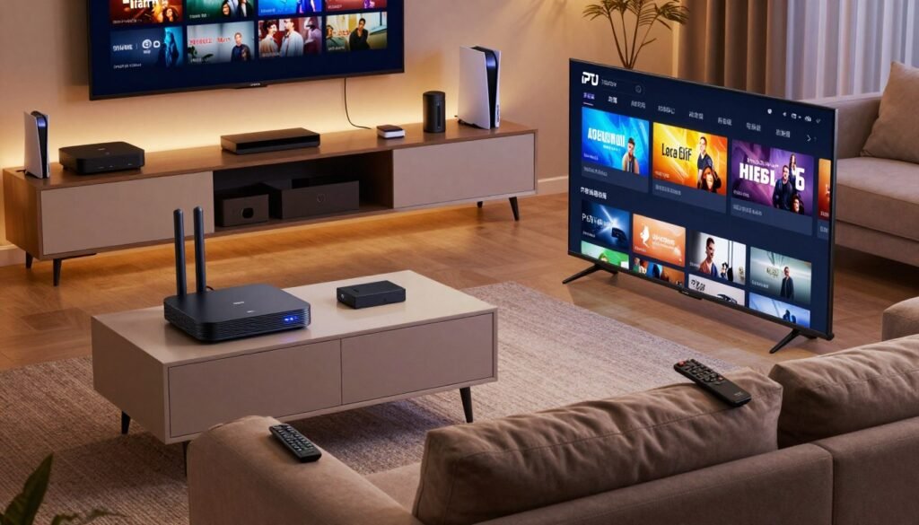A modern IPTV streaming setup featuring an array of essential hardware. In the foreground, a sleek, high-definition television displays a vibrant interface of streaming channels. To the left, a stylish streaming device with glowing indicators sits on a minimalist media console. In the middle, a comfortable sectional sofa invites viewers, with a remote control resting casually on the armrest. The background features a well-organized entertainment center with gaming consoles and neatly arranged cables. Warm, ambient lighting illuminates the scene, creating a cozy atmosphere. The angle captures the entire setup from a slightly elevated perspective, emphasizing the interaction between various devices. The overall mood is inviting, reflecting the excitement of unlimited streaming possibilities. A modern IPTV streaming setup featuring an array of essential hardware. In the foreground, a sleek, high-definition television displays a vibrant interface of streaming channels. To the left, a stylish streaming device with glowing indicators sits on a minimalist media console. In the middle, a comfortable sectional sofa invites viewers, with a remote control resting casually on the armrest. The background features a well-organized entertainment center with gaming consoles and neatly arranged cables. Warm, ambient lighting illuminates the scene, creating a cozy atmosphere. The angle captures the entire setup from a slightly elevated perspective, emphasizing the interaction between various devices. The overall mood is inviting, reflecting the excitement of unlimited streaming possibilities.
