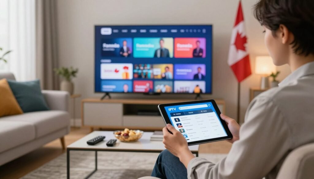 A modern, inviting living room setup with a large, flat-screen television displaying a vibrant IPTV interface, showcasing various streaming options available in Canada. In the foreground, a professional-looking person dressed in business casual attire is holding a tablet, browsing through different subscription plans with a focused expression. The middle ground features a cozy sofa adorned with colorful cushions and a stylish coffee table with scattered remote controls and snacks, suggesting relaxation and entertainment. Soft, warm lighting from a nearby window creates a welcoming atmosphere, while in the background, a subtle Canadian flag is displayed, hinting at the location. The image conveys a sense of choice, modern technology, and comfort for viewers seeking IPTV options in Canada. A modern, inviting living room setup with a large, flat-screen television displaying a vibrant IPTV interface, showcasing various streaming options available in Canada. In the foreground, a professional-looking person dressed in business casual attire is holding a tablet, browsing through different subscription plans with a focused expression. The middle ground features a cozy sofa adorned with colorful cushions and a stylish coffee table with scattered remote controls and snacks, suggesting relaxation and entertainment. Soft, warm lighting from a nearby window creates a welcoming atmosphere, while in the background, a subtle Canadian flag is displayed, hinting at the location. The image conveys a sense of choice, modern technology, and comfort for viewers seeking IPTV options in Canada.
