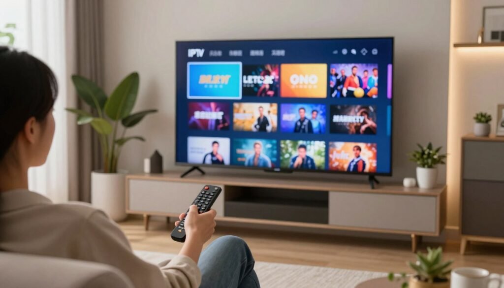 A modern living room featuring a large flat-screen TV displaying a vibrant interface of various IPTV streaming channels. In the foreground, a person seated on a sleek couch is using a remote control, focused and engaged. The middle layer showcases the illuminated TV screen with colorful thumbnails representing diverse genres like sports, movies, and documentaries. The background reveals a stylish room with contemporary furniture, soft lighting, and decorative plants that enhance the cozy atmosphere. The scene is brightly lit, emphasizing a warm and inviting mood, with natural light filtering in through a nearby window. The image captures the essence of modern entertainment technology and the evolution of IPTV streaming. A modern living room featuring a large flat-screen TV displaying a vibrant interface of various IPTV streaming channels. In the foreground, a person seated on a sleek couch is using a remote control, focused and engaged. The middle layer showcases the illuminated TV screen with colorful thumbnails representing diverse genres like sports, movies, and documentaries. The background reveals a stylish room with contemporary furniture, soft lighting, and decorative plants that enhance the cozy atmosphere. The scene is brightly lit, emphasizing a warm and inviting mood, with natural light filtering in through a nearby window. The image captures the essence of modern entertainment technology and the evolution of IPTV streaming.