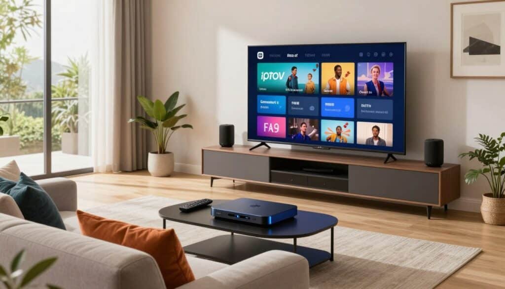 A modern living room featuring a sleek television displaying vibrant IPTV streaming content. In the foreground, a comfortable couch adorned with colorful cushions invites viewers to relax. The middle layer showcases a high-tech media console with digital devices: a sleek IPTV box glowing softly, a remote control, and smart speakers. The background includes a large window with natural light streaming in, illuminating the room and creating a warm atmosphere. The decor is modern and minimalistic, with plants and artwork adding a touch of personality. The lighting is bright yet cozy, suggesting an inviting and enjoyable viewing experience. Use a wide-angle lens perspective to capture the entire scene, emphasizing the integration of technology in daily home life. A modern living room featuring a sleek television displaying vibrant IPTV streaming content. In the foreground, a comfortable couch adorned with colorful cushions invites viewers to relax. The middle layer showcases a high-tech media console with digital devices: a sleek IPTV box glowing softly, a remote control, and smart speakers. The background includes a large window with natural light streaming in, illuminating the room and creating a warm atmosphere. The decor is modern and minimalistic, with plants and artwork adding a touch of personality. The lighting is bright yet cozy, suggesting an inviting and enjoyable viewing experience. Use a wide-angle lens perspective to capture the entire scene, emphasizing the integration of technology in daily home life.