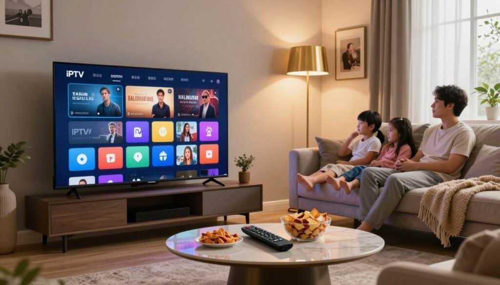 A modern living room scene showcasing a user-friendly IPTV setup. In the foreground, a sleek flat-screen TV displays vibrant streaming content with various channel icons. A remote control sits on a stylish coffee table, surrounded by snacks and a cozy blanket. In the middle ground, a plush sofa with a family watching attentively creates a warm atmosphere, emphasizing engagement with the IPTV service. The background features soft ambient lighting, with brass floor lamps and wall art depicting entertainment themes. Natural light streams in through a window, casting a gentle glow. The mood is inviting and relaxed, illustrating a seamless streaming experience ideal for family enjoyment. A modern living room scene showcasing a user-friendly IPTV setup. In the foreground, a sleek flat-screen TV displays vibrant streaming content with various channel icons. A remote control sits on a stylish coffee table, surrounded by snacks and a cozy blanket. In the middle ground, a plush sofa with a family watching attentively creates a warm atmosphere, emphasizing engagement with the IPTV service. The background features soft ambient lighting, with brass floor lamps and wall art depicting entertainment themes. Natural light streams in through a window, casting a gentle glow. The mood is inviting and relaxed, illustrating a seamless streaming experience ideal for family enjoyment.