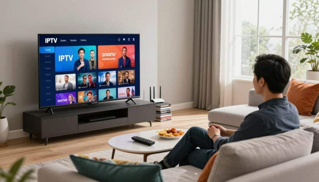 A modern living room setting showcasing IPTV services in Canada. In the foreground, a sleek flat-screen TV displays streaming content with vibrant visuals. A cozy sofa is adorned with colorful cushions, while a stylish coffee table holds a remote control and snacks, indicating a relaxed viewing atmosphere. In the middle, a person of Asian descent, dressed in smart casual attire, sits comfortably on the sofa, engaged with the IPTV interface on the screen. Subtle elements like a Wi-Fi router and a stack of DVDs hint at the breadth of available entertainment options. The background features contemporary decor and large windows letting in soft natural light, creating a warm, inviting mood. The overall ambiance conveys a sense of home entertainment and modern technology integration, capturing the essence of IPTV services in Canada. A modern living room setting showcasing IPTV services in Canada. In the foreground, a sleek flat-screen TV displays streaming content with vibrant visuals. A cozy sofa is adorned with colorful cushions, while a stylish coffee table holds a remote control and snacks, indicating a relaxed viewing atmosphere. In the middle, a person of Asian descent, dressed in smart casual attire, sits comfortably on the sofa, engaged with the IPTV interface on the screen. Subtle elements like a Wi-Fi router and a stack of DVDs hint at the breadth of available entertainment options. The background features contemporary decor and large windows letting in soft natural light, creating a warm, inviting mood. The overall ambiance conveys a sense of home entertainment and modern technology integration, capturing the essence of IPTV services in Canada.