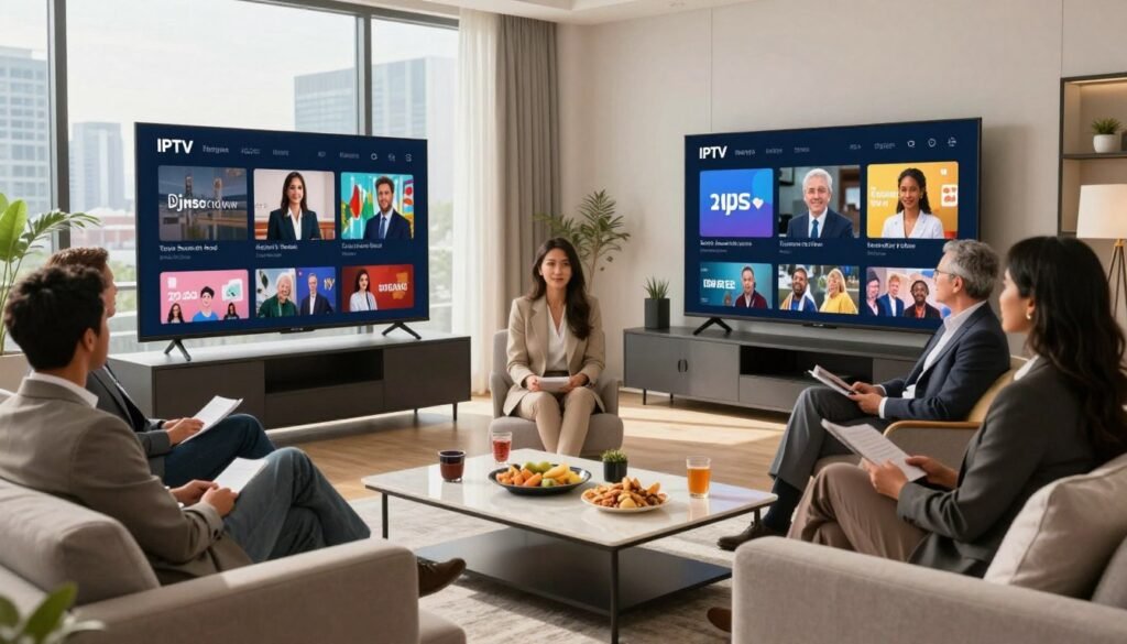 A modern living room setting showcasing a diverse group of adults in professional business attire, gathered around a large screen displaying an IPTV service interface filled with various channel options. In the foreground, a stylish coffee table holds snacks and drinks, emphasizing a relaxed but engaging atmosphere. The middle ground features a comfortable sofa with cozy cushions and a sleek television mounted on the wall. Natural light streams in through a large window, creating a warm and inviting mood. In the background, cityscape views suggest a vibrant urban environment, hinting at the technological advancement of IPTV services in Canada. The composition should have a slightly angled perspective to capture both the group and the screen effectively, with a focus on clarity and detail to enhance the sense of entertainment and connectivity in 2026.