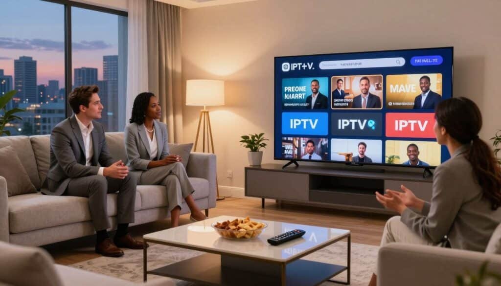 A modern living room setting showcasing a large flat-screen TV displaying content representing various IPTV services. In the foreground, a sleek coffee table holds a remote and snacks, emphasizing home entertainment. In the middle, a stylish couch features a diverse group of four individuals dressed in professional business attire, engaged in a lively discussion about their favorite IPTV services. The background features elegant decor, warm ambient lighting, and a window with a view of the Canadian skyline at dusk, creating a cozy yet sophisticated atmosphere. Use a soft, inviting color palette to evoke a sense of comfort and enjoyment. The image should be well-lit, with a focus on the TV screen, captured from a slightly elevated angle to enhance depth.