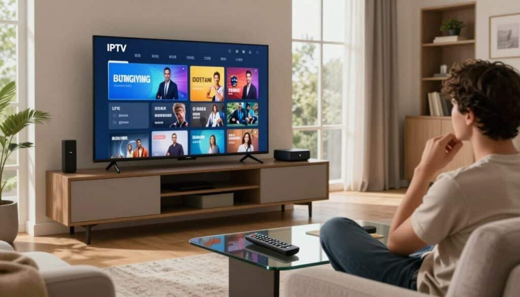 A modern living room setting, showcasing a large flat-screen TV mounted on a stylish wall unit, displaying a vibrant IPTV channel selection interface. In the foreground, a sleek remote control rests on a glass coffee table surrounded by cozy furniture. The middle ground captures a casually dressed person, thoughtfully browsing channels, reflecting a relaxed viewing experience. Soft, natural lighting filters through large windows, enhancing the warm, inviting atmosphere. The background features contemporary decor, with subtle nods to technology, such as a streaming device and an organized media shelf. The image conveys a sense of comfort and modernity, making it ideal for illustrating the key features of IPTV services. A modern living room setting, showcasing a large flat-screen TV mounted on a stylish wall unit, displaying a vibrant IPTV channel selection interface. In the foreground, a sleek remote control rests on a glass coffee table surrounded by cozy furniture. The middle ground captures a casually dressed person, thoughtfully browsing channels, reflecting a relaxed viewing experience. Soft, natural lighting filters through large windows, enhancing the warm, inviting atmosphere. The background features contemporary decor, with subtle nods to technology, such as a streaming device and an organized media shelf. The image conveys a sense of comfort and modernity, making it ideal for illustrating the key features of IPTV services.
