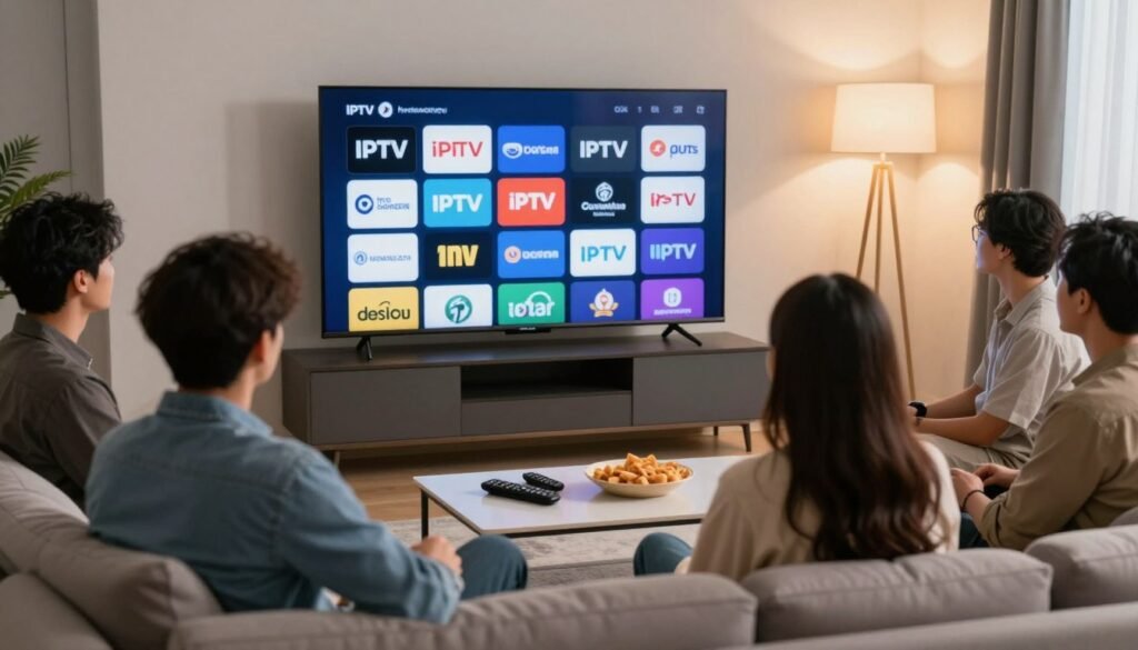 A modern living room setting showcasing a sleek flat-screen TV prominently displaying various IPTV provider logos in a visually engaging grid format. In the foreground, a diverse group of individuals, including a man in a smart casual outfit and a woman in professional business attire, are gathered on a stylish sofa, intently watching the screen. The middle ground features a coffee table with snacks and remote controls scattered, enhancing the cozy atmosphere. The background is softly illuminated with warm light from a floor lamp, creating a inviting, relaxed vibe. The overall mood is one of excitement and leisure, capturing the essence of enjoying top-notch IPTV services. The image should have a slightly blurred depth of field effect, focusing on the characters and the TV, while the room remains subtly detailed. A modern living room setting showcasing a sleek flat-screen TV prominently displaying various IPTV provider logos in a visually engaging grid format. In the foreground, a diverse group of individuals, including a man in a smart casual outfit and a woman in professional business attire, are gathered on a stylish sofa, intently watching the screen. The middle ground features a coffee table with snacks and remote controls scattered, enhancing the cozy atmosphere. The background is softly illuminated with warm light from a floor lamp, creating a inviting, relaxed vibe. The overall mood is one of excitement and leisure, capturing the essence of enjoying top-notch IPTV services. The image should have a slightly blurred depth of field effect, focusing on the characters and the TV, while the room remains subtly detailed.