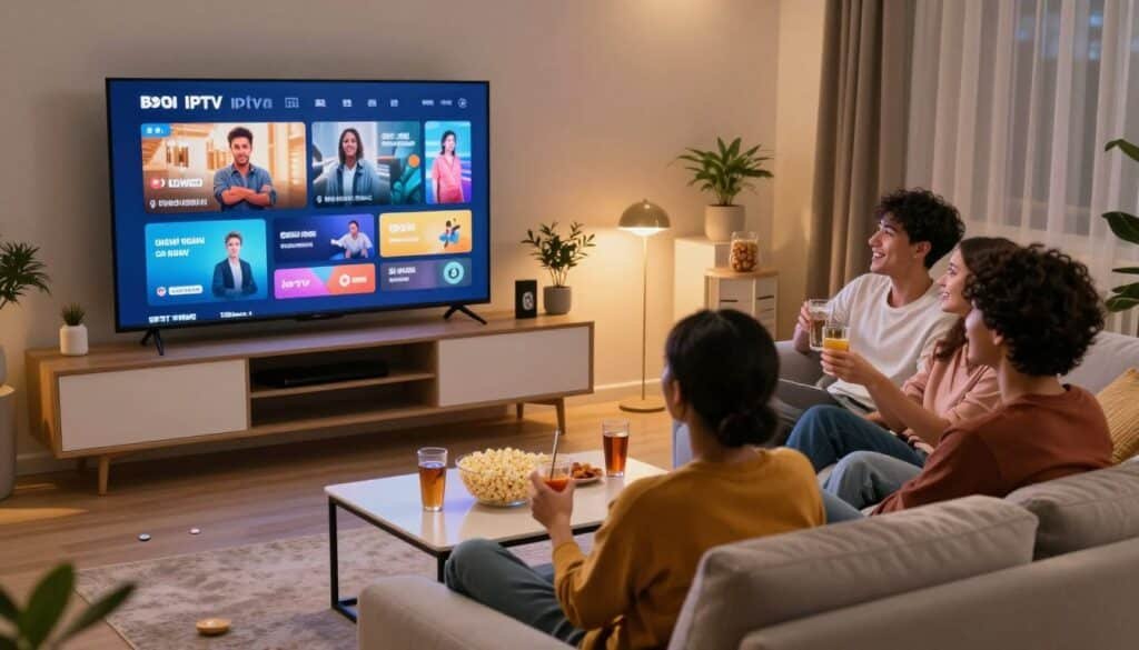A modern living room setting showcasing a stylish, large flat-screen TV displaying vibrant IPTV content. In the foreground, a diverse group of three friends, dressed in smart casual clothing, are enjoying a movie night, surrounded by snacks and drinks, with expressions of joy and engagement. The middle ground features a plush sofa with cozy throw pillows, and a sleek coffee table adorned with popcorn and drinks. In the background, a softly lit entertainment center with decorative plants and an inviting ambiance contributes to a relaxing atmosphere. The lighting is warm and inviting, with soft shadows enhancing the inviting feel of the space. The image captures a sense of community, entertainment, and endless possibilities, reflecting the idea of choosing the best IPTV service for joyful, uninterrupted viewing experiences.