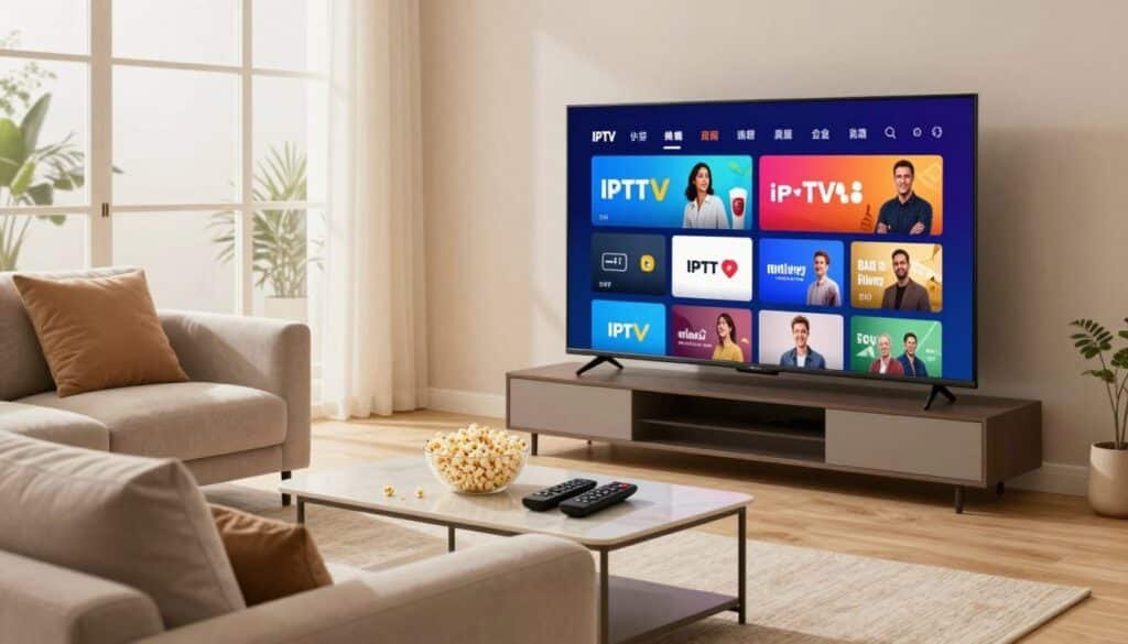 A modern living room showcasing high-quality IPTV streaming. In the foreground, a sleek smart TV displays a vibrant streaming interface with vivid colors and dynamic content thumbnails. A stylish sofa with plush cushions is positioned towards the TV, inviting a relaxing atmosphere. In the middle ground, a coffee table holds a bowl of popcorn and a couple of remote controls, emphasizing the casual, entertaining vibe. The background features large, bright windows allowing natural light to flood the room, creating a warm and welcoming environment. The lighting is soft and cozy, enhancing the idea of a comfortable home viewing experience. Overall, the image conveys a sense of enjoyment and modern technology in a warm, inviting setting. A modern living room showcasing high-quality IPTV streaming. In the foreground, a sleek smart TV displays a vibrant streaming interface with vivid colors and dynamic content thumbnails. A stylish sofa with plush cushions is positioned towards the TV, inviting a relaxing atmosphere. In the middle ground, a coffee table holds a bowl of popcorn and a couple of remote controls, emphasizing the casual, entertaining vibe. The background features large, bright windows allowing natural light to flood the room, creating a warm and welcoming environment. The lighting is soft and cozy, enhancing the idea of a comfortable home viewing experience. Overall, the image conveys a sense of enjoyment and modern technology in a warm, inviting setting.