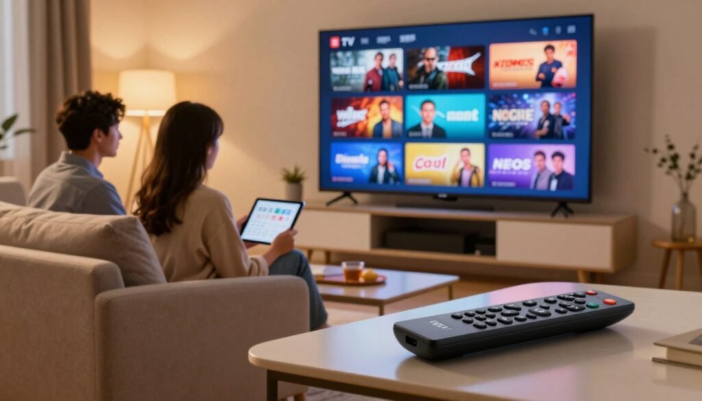 A modern living room with a large flat-screen television displaying an array of IPTV channel icons representing popular genres like movies, sports, and news. In the foreground, a sleek and stylish remote control rests on a polished coffee table, hinting at the user-friendly experience of IPTV Pro. The middle layer features a cozy couch with a couple of people dressed in smart casual attire, enthusiastically discussing their favorite shows while holding a tablet. In the background, ambient lighting casts a warm glow, creating an inviting atmosphere for family movie nights. The scene is captured from a slight angle to emphasize the vibrant screen and the cozy environment, with soft shadows enhancing depth and clarity. The overall mood is relaxed and engaging, highlighting the comprehensive features of IPTV streaming. A modern living room with a large flat-screen television displaying an array of IPTV channel icons representing popular genres like movies, sports, and news. In the foreground, a sleek and stylish remote control rests on a polished coffee table, hinting at the user-friendly experience of IPTV Pro. The middle layer features a cozy couch with a couple of people dressed in smart casual attire, enthusiastically discussing their favorite shows while holding a tablet. In the background, ambient lighting casts a warm glow, creating an inviting atmosphere for family movie nights. The scene is captured from a slight angle to emphasize the vibrant screen and the cozy environment, with soft shadows enhancing depth and clarity. The overall mood is relaxed and engaging, highlighting the comprehensive features of IPTV streaming.