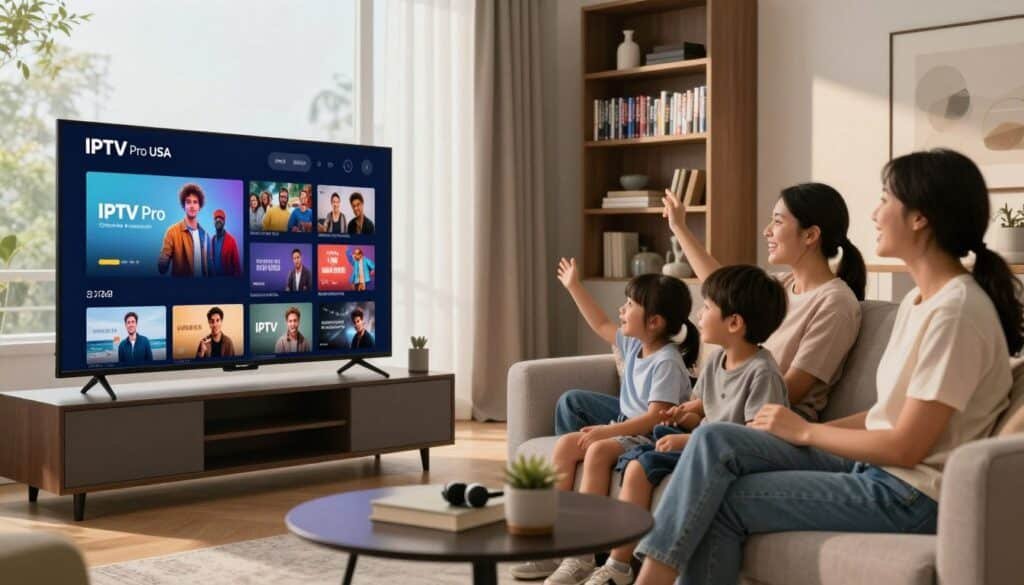 A modern living room with a sleek flat-screen TV displaying the IPTV Pro USA logo prominently in the foreground, showcasing vivid streaming content from diverse genres. In the middle ground, a family of four, dressed in smart casual attire, sits together on a stylish sofa, engaged and excited, enjoying their viewing experience. The background features an elegant bookshelf filled with DVDs and decorative items, hinting at a cozy yet sophisticated atmosphere. Soft, natural lighting pours in through a large window, casting warm highlights on the scene, while the angle captures the warmth and connectivity of family entertainment. The mood is vibrant and inviting, reflecting the endless streaming possibilities that IPTV Pro USA offers in 2026. A modern living room with a sleek flat-screen TV displaying the IPTV Pro USA logo prominently in the foreground, showcasing vivid streaming content from diverse genres. In the middle ground, a family of four, dressed in smart casual attire, sits together on a stylish sofa, engaged and excited, enjoying their viewing experience. The background features an elegant bookshelf filled with DVDs and decorative items, hinting at a cozy yet sophisticated atmosphere. Soft, natural lighting pours in through a large window, casting warm highlights on the scene, while the angle captures the warmth and connectivity of family entertainment. The mood is vibrant and inviting, reflecting the endless streaming possibilities that IPTV Pro USA offers in 2026.