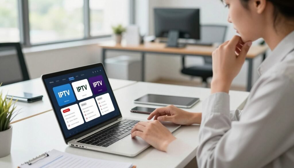 A modern workspace featuring a professional individual, dressed in business attire, thoughtfully comparing IPTV service options on a laptop. The foreground includes an open laptop displaying various IPTV service logos and a notepad with notes on service features and prices. In the middle, a sleek desk with tech gadgets, a smartphone, and a tablet is arranged neatly. The background features a bright, well-lit office with large windows letting in natural light, creating a fresh and inspirational atmosphere. The scene captures the essence of decision-making and technology, evoking a sense of seriousness and focus. The overall mood is clear, modern, and engaging, with a warm color palette enhancing the inviting feel of the workspace. A modern workspace featuring a professional individual, dressed in business attire, thoughtfully comparing IPTV service options on a laptop. The foreground includes an open laptop displaying various IPTV service logos and a notepad with notes on service features and prices. In the middle, a sleek desk with tech gadgets, a smartphone, and a tablet is arranged neatly. The background features a bright, well-lit office with large windows letting in natural light, creating a fresh and inspirational atmosphere. The scene captures the essence of decision-making and technology, evoking a sense of seriousness and focus. The overall mood is clear, modern, and engaging, with a warm color palette enhancing the inviting feel of the workspace.