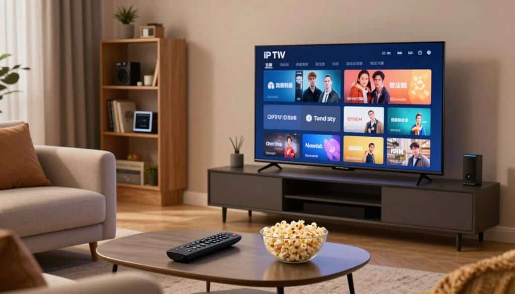 A sleek and modern IPTV streaming setup in a cozy living room. In the foreground, a stylish flat-screen TV displays a vibrant user interface showcasing various streaming channels. A comfortable sofa with plush cushions is positioned in front of the TV. In the middle ground, a smart remote control rests on a sleek coffee table, alongside a bowl of popcorn, suggesting a relaxed viewing experience. The background features a bookshelf with tech gadgets and decor items, creating an inviting atmosphere. Soft, warm ambient lighting illuminates the room, enhancing the feeling of comfort and modernity. The image should evoke a sense of uninterrupted entertainment and advanced technology, perfect for showcasing IPTV solutions.