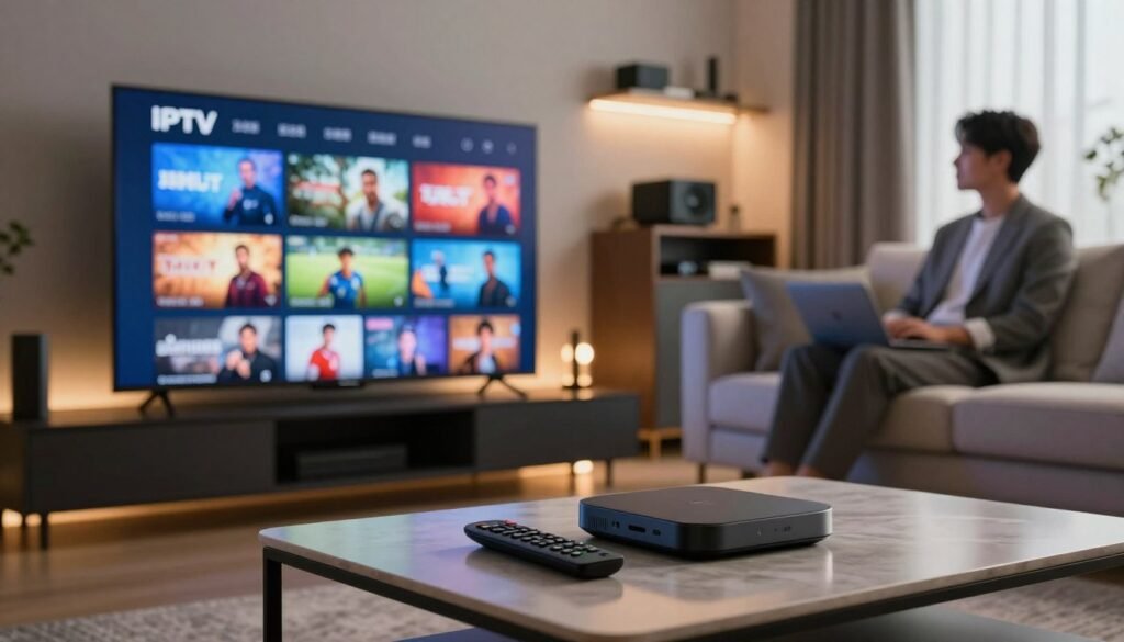 A sleek and modern living room featuring a large flat-screen TV displaying vibrant images of IPTV streams, showcasing a variety of content like movies, sports, and documentaries. In the foreground, a stylish coffee table with a remote control and a streaming device prominently placed. In the middle ground, a comfortable sofa with cushions, occupied by a person in business attire, attentively watching the screen. The background includes ambient lighting, with soft, warm tones that create a cozy atmosphere, and a shelf filled with entertainment gadgets. A large window allows natural light to filter in, enhancing the inviting feel. The focus is sharp on the TV and the viewer, with a shallow depth of field blurring the background slightly. A sleek and modern living room featuring a large flat-screen TV displaying vibrant images of IPTV streams, showcasing a variety of content like movies, sports, and documentaries. In the foreground, a stylish coffee table with a remote control and a streaming device prominently placed. In the middle ground, a comfortable sofa with cushions, occupied by a person in business attire, attentively watching the screen. The background includes ambient lighting, with soft, warm tones that create a cozy atmosphere, and a shelf filled with entertainment gadgets. A large window allows natural light to filter in, enhancing the inviting feel. The focus is sharp on the TV and the viewer, with a shallow depth of field blurring the background slightly.