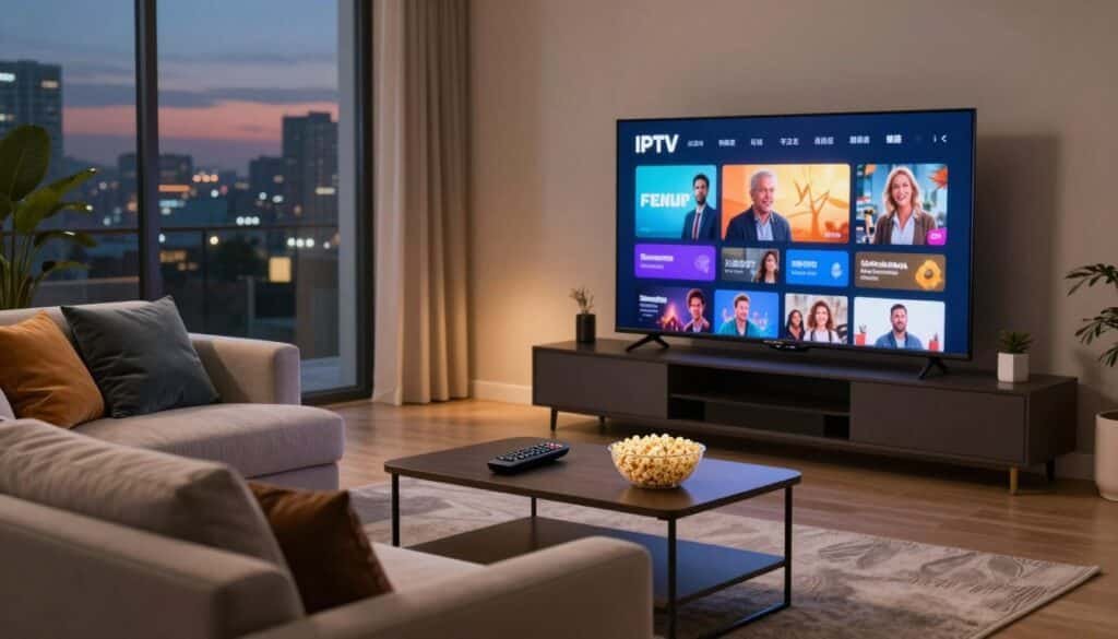 A sleek and modern living room setting, featuring a large flat-screen TV displaying vibrant IPTV content, emphasizing a reliable streaming service. In the foreground, a comfortable sofa is adorned with stylish cushions, inviting viewers to relax and enjoy their entertainment. The middle ground highlights a stylish coffee table with a remote control and a few popcorn bowls, suggesting a family-friendly atmosphere. The background is softly lit with warm ambient lighting, with a large window revealing a cityscape at dusk, casting a serene glow. The mood is inviting and cozy, perfect for an entertaining evening at home. Capture this scene with a cinematic perspective, using subtle depth of field to draw focus to the IPTV experience. A sleek and modern living room setting, featuring a large flat-screen TV displaying vibrant IPTV content, emphasizing a reliable streaming service. In the foreground, a comfortable sofa is adorned with stylish cushions, inviting viewers to relax and enjoy their entertainment. The middle ground highlights a stylish coffee table with a remote control and a few popcorn bowls, suggesting a family-friendly atmosphere. The background is softly lit with warm ambient lighting, with a large window revealing a cityscape at dusk, casting a serene glow. The mood is inviting and cozy, perfect for an entertaining evening at home. Capture this scene with a cinematic perspective, using subtle depth of field to draw focus to the IPTV experience.