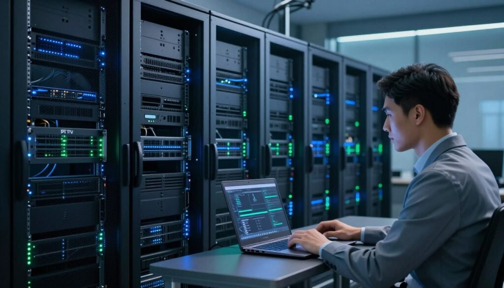 A sleek, modern IPTV server room filled with advanced electronic equipment, showcasing servers with LED lights glowing in blue and green tones, reflecting a high-tech environment. In the foreground, a professional IT technician in business attire monitors the server status on a laptop, displaying a look of concentration and expertise. The middle ground features multiple rows of servers, intricately organized with cooling systems, emphasizing efficiency and reliability. The background is softly illuminated with ambient lighting, creating a sense of stability and security. The overall atmosphere is one of professionalism and innovation, representing the backbone of a reliable IPTV service provider. The image should be captured at a slight angle to enhance depth and detail, with a focus on clarity and modernity. A sleek, modern IPTV server room filled with advanced electronic equipment, showcasing servers with LED lights glowing in blue and green tones, reflecting a high-tech environment. In the foreground, a professional IT technician in business attire monitors the server status on a laptop, displaying a look of concentration and expertise. The middle ground features multiple rows of servers, intricately organized with cooling systems, emphasizing efficiency and reliability. The background is softly illuminated with ambient lighting, creating a sense of stability and security. The overall atmosphere is one of professionalism and innovation, representing the backbone of a reliable IPTV service provider. The image should be captured at a slight angle to enhance depth and detail, with a focus on clarity and modernity.