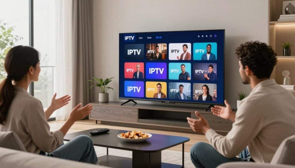 A sleek, modern living room featuring a large flat-screen television displaying a vibrant array of streaming options from an IPTV service. In the foreground, a diverse group of three professionals, dressed in smart casual attire, enthusiastically discussing their viewing choices. The middle ground showcases a stylish coffee table adorned with a remote control and snacks. In the background, large windows let in soft, natural light, illuminating the room and creating a warm atmosphere. The decor is contemporary with subtle tech-inspired elements, emphasizing the theme of advanced technology for entertainment. The overall mood is inviting and dynamic, capturing the excitement and convenience of switching to Internet Protocol Television. Focus on clarity and detail, with a wide-angle lens effect to enhance depth. A sleek, modern living room featuring a large flat-screen television displaying a vibrant array of streaming options from an IPTV service. In the foreground, a diverse group of three professionals, dressed in smart casual attire, enthusiastically discussing their viewing choices. The middle ground showcases a stylish coffee table adorned with a remote control and snacks. In the background, large windows let in soft, natural light, illuminating the room and creating a warm atmosphere. The decor is contemporary with subtle tech-inspired elements, emphasizing the theme of advanced technology for entertainment. The overall mood is inviting and dynamic, capturing the excitement and convenience of switching to Internet Protocol Television. Focus on clarity and detail, with a wide-angle lens effect to enhance depth.