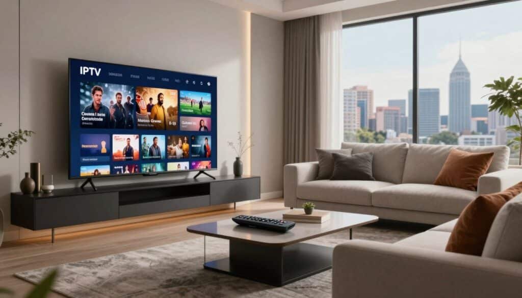 A sleek, modern living room setting showcasing IPTV services in Canada. In the foreground, a stylish flat-screen TV mounted on the wall displays a vibrant interface of diverse streaming content, including movies and sports. Accompanying the TV is a high-tech remote control resting on a contemporary coffee table. In the middle ground, a comfortable sectional sofa with plush cushions faces the TV, with a few decorative items adding warmth to the space. The background features a large window with natural light flooding in, highlighting a picturesque view of a Canadian skyline. Soft, ambient lighting enhances the cozy atmosphere, reflecting a sense of relaxation and endless entertainment possibilities. The overall mood is inviting and contemporary, perfect for tech-savvy viewers in 2026. A sleek, modern living room setting showcasing IPTV services in Canada. In the foreground, a stylish flat-screen TV mounted on the wall displays a vibrant interface of diverse streaming content, including movies and sports. Accompanying the TV is a high-tech remote control resting on a contemporary coffee table. In the middle ground, a comfortable sectional sofa with plush cushions faces the TV, with a few decorative items adding warmth to the space. The background features a large window with natural light flooding in, highlighting a picturesque view of a Canadian skyline. Soft, ambient lighting enhances the cozy atmosphere, reflecting a sense of relaxation and endless entertainment possibilities. The overall mood is inviting and contemporary, perfect for tech-savvy viewers in 2026.