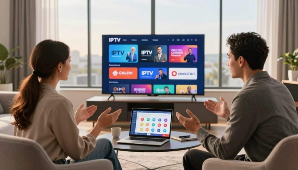 A sleek, modern living room setting with a stylish flat-screen TV displaying a vibrant interface of IPTV streaming services. In the foreground, an elegantly dressed professional man and woman, surrounded by some modern furniture, discuss various premium IPTV subscription options. Their expressions convey excitement and professionalism. In the middle ground, a coffee table holds a laptop showcasing an IPTV comparison chart, with colorful icons of popular channels. The background features large windows allowing warm, natural sunlight to flood the room, accentuating a welcoming atmosphere. The overall mood is informative yet relaxed, conveying the appeal of modern entertainment options in Canada. The image should reflect sophistication with a focus on the theme of premium digital services. A sleek, modern living room setting with a stylish flat-screen TV displaying a vibrant interface of IPTV streaming services. In the foreground, an elegantly dressed professional man and woman, surrounded by some modern furniture, discuss various premium IPTV subscription options. Their expressions convey excitement and professionalism. In the middle ground, a coffee table holds a laptop showcasing an IPTV comparison chart, with colorful icons of popular channels. The background features large windows allowing warm, natural sunlight to flood the room, accentuating a welcoming atmosphere. The overall mood is informative yet relaxed, conveying the appeal of modern entertainment options in Canada. The image should reflect sophistication with a focus on the theme of premium digital services.