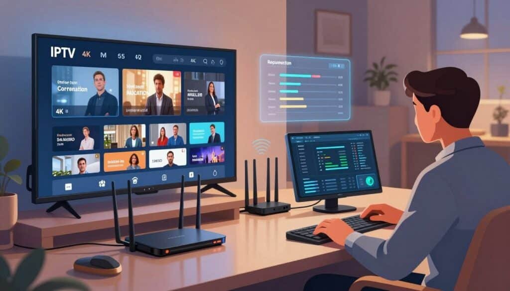 A vibrant illustration depicting the concept of IPTV streaming quality optimization. In the foreground, a sleek, modern living room setup features a large, high-definition television displaying a crisp image of a 4K streaming interface. A professional figures dressed in business attire, engrossed in examining a network performance monitor displaying smooth data flow. In the middle ground, an advanced router with multiple antennas signals strong Wi-Fi connectivity, while a subtle infographic showcasing bandwidth requirements hovers nearby. In the background, a cozy atmosphere with dimmed lighting, reflecting a relaxed yet focused environment. The angle captures an inviting home setting, emphasizing the convergence of technology and comfort, promoting a sense of seamless streaming and optimal performance. The mood conveys efficiency, modernity, and the excitement of cutting-edge technology in entertainment. A vibrant illustration depicting the concept of IPTV streaming quality optimization. In the foreground, a sleek, modern living room setup features a large, high-definition television displaying a crisp image of a 4K streaming interface. A professional figures dressed in business attire, engrossed in examining a network performance monitor displaying smooth data flow. In the middle ground, an advanced router with multiple antennas signals strong Wi-Fi connectivity, while a subtle infographic showcasing bandwidth requirements hovers nearby. In the background, a cozy atmosphere with dimmed lighting, reflecting a relaxed yet focused environment. The angle captures an inviting home setting, emphasizing the convergence of technology and comfort, promoting a sense of seamless streaming and optimal performance. The mood conveys efficiency, modernity, and the excitement of cutting-edge technology in entertainment.