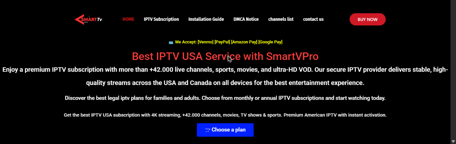 SmartVPro IPTV live channels and on-demand streaming interface USA