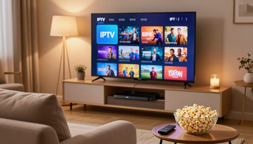 A cozy living room setting with a focus on a sleek Amazon Firestick plugged into a modern flat-screen TV. In the foreground, a comfortable couch with plush cushions, a bowl of popcorn on a side table, and a remote control lying nearby. In the middle, the TV displays a vibrant IPTV interface with colorful channel options, showcasing a variety of show thumbnails. The background features soft ambient lighting from lamps casting a warm glow, enhancing the relaxed atmosphere. The perspective is eye-level, capturing the excitement of streaming content. Overall, the mood is inviting and tech-savvy, perfect for a casual viewing experience. A cozy living room setting with a focus on a sleek Amazon Firestick plugged into a modern flat-screen TV. In the foreground, a comfortable couch with plush cushions, a bowl of popcorn on a side table, and a remote control lying nearby. In the middle, the TV displays a vibrant IPTV interface with colorful channel options, showcasing a variety of show thumbnails. The background features soft ambient lighting from lamps casting a warm glow, enhancing the relaxed atmosphere. The perspective is eye-level, capturing the excitement of streaming content. Overall, the mood is inviting and tech-savvy, perfect for a casual viewing experience.