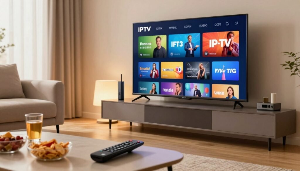 A modern living room with a sleek, stylish couch, a large flat-screen TV displaying vibrant IPTV menu options, and a shiny Firestick plugged in the HDMI port. In the foreground, a remote control rests on a coffee table, surrounded by snacks and drinks, inviting a relaxed viewing experience. The middle ground features warm, ambient lighting that gives the room a cozy feel, while in the background, soft curtains filter natural light, enhancing the tranquility of the setting. The overall mood is inviting and informative, suggesting high-quality streaming with crystal clear visuals. The focus is sharp, capturing the details of the IPTV interface, evoking a sense of excitement for home entertainment and seamless streaming experiences. A modern living room with a sleek, stylish couch, a large flat-screen TV displaying vibrant IPTV menu options, and a shiny Firestick plugged in the HDMI port. In the foreground, a remote control rests on a coffee table, surrounded by snacks and drinks, inviting a relaxed viewing experience. The middle ground features warm, ambient lighting that gives the room a cozy feel, while in the background, soft curtains filter natural light, enhancing the tranquility of the setting. The overall mood is inviting and informative, suggesting high-quality streaming with crystal clear visuals. The focus is sharp, capturing the details of the IPTV interface, evoking a sense of excitement for home entertainment and seamless streaming experiences.
