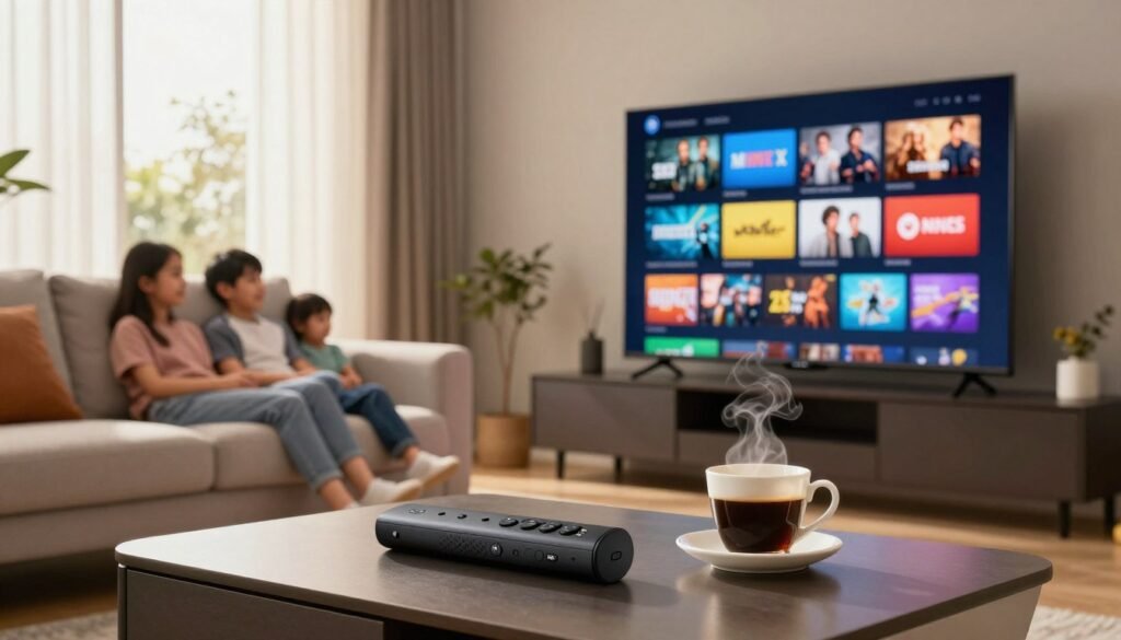 A sleek, modern living room setting showcasing a sleek TV displaying various IPTV channel package icons, such as movies, sports, and news, in vibrant colors. In the foreground, a stylish coffee table holds a Firestick remote and a steaming cup of coffee. In the middle ground, a comfortable sofa with plush cushions invites relaxation, while a family enjoys their time together, dressed in smart casual attire. The background features a large window with soft daylight filtering through sheer curtains, casting a warm glow throughout the room. The composition emphasizes a cozy and inviting atmosphere, highlighting the convenience and entertainment benefits of IPTV services for Firestick users. Use natural lighting to enhance the scene, creating an engaging and informative image. A sleek, modern living room setting showcasing a sleek TV displaying various IPTV channel package icons, such as movies, sports, and news, in vibrant colors. In the foreground, a stylish coffee table holds a Firestick remote and a steaming cup of coffee. In the middle ground, a comfortable sofa with plush cushions invites relaxation, while a family enjoys their time together, dressed in smart casual attire. The background features a large window with soft daylight filtering through sheer curtains, casting a warm glow throughout the room. The composition emphasizes a cozy and inviting atmosphere, highlighting the convenience and entertainment benefits of IPTV services for Firestick users. Use natural lighting to enhance the scene, creating an engaging and informative image.