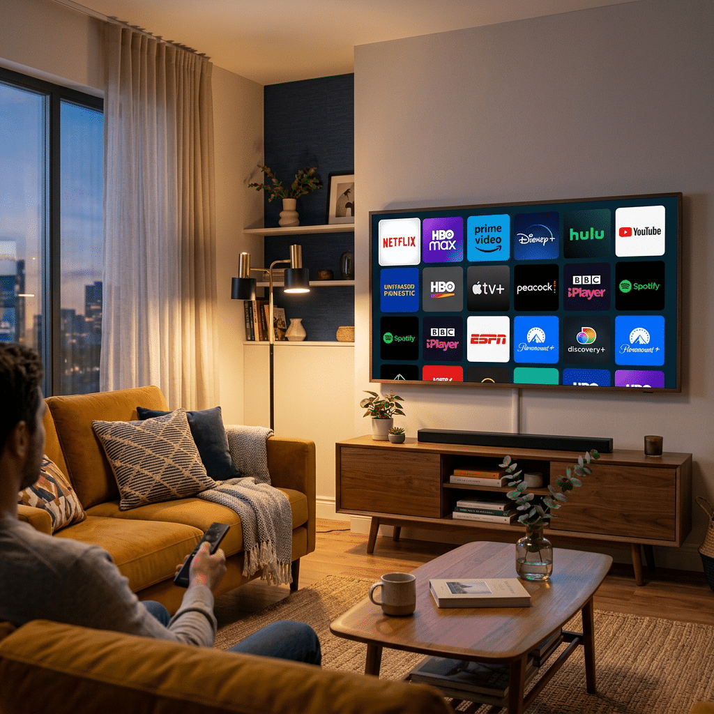 Smart TV in a living room streaming IPTV American channels and apps