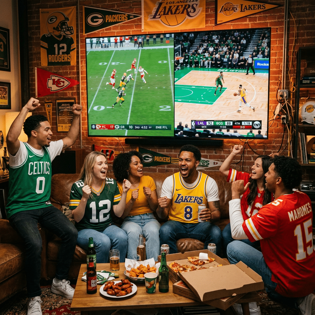 Sports fans watching NFL and NBA games via IPTV American channels on a big screen