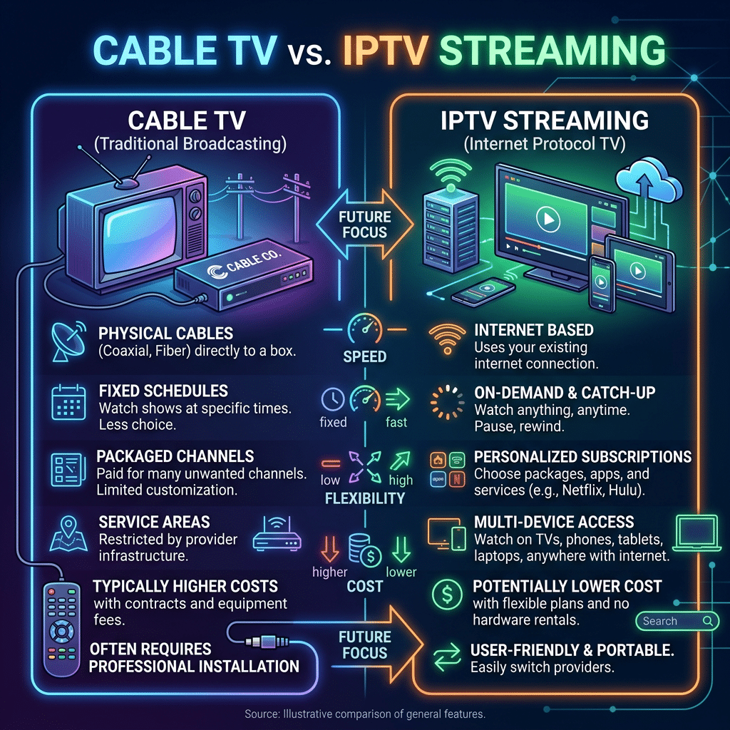Infographic comparing traditional cable TV to IPTV American channels streaming