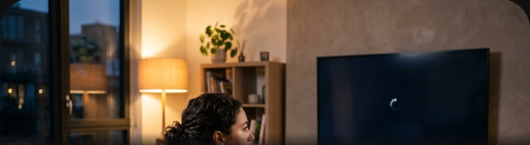 Person on the couch dealing with IPTV buffering while watching a smart TV