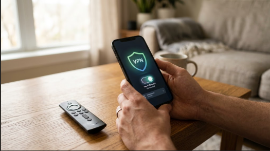 Connecting a VPN for IPTV on a phone next to a streaming remote