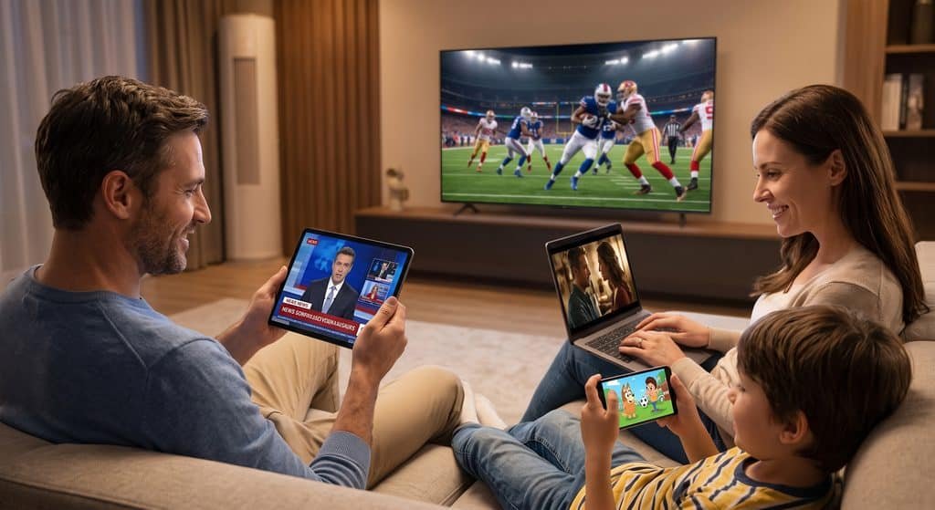 Family enjoying multi-device IPTV streaming on a smart TV, tablet, smartphone, and laptop at home IPTV USA