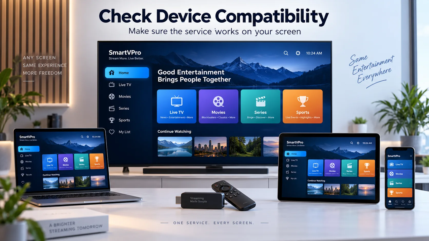 IPTV provider device compatibility - smart TV, laptop, tablet, phone and streaming stick showing the same service