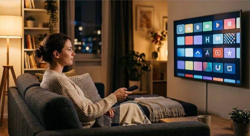 Is IPTV safe to use? Person checking a streaming service on a smart TV before subscribing
